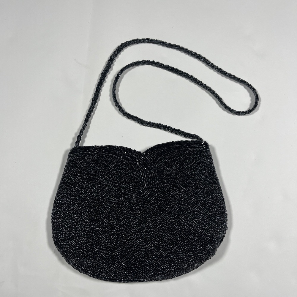 Walborg Vintage Black Glass Seed Bead Minaudière Evening Clutch Bag